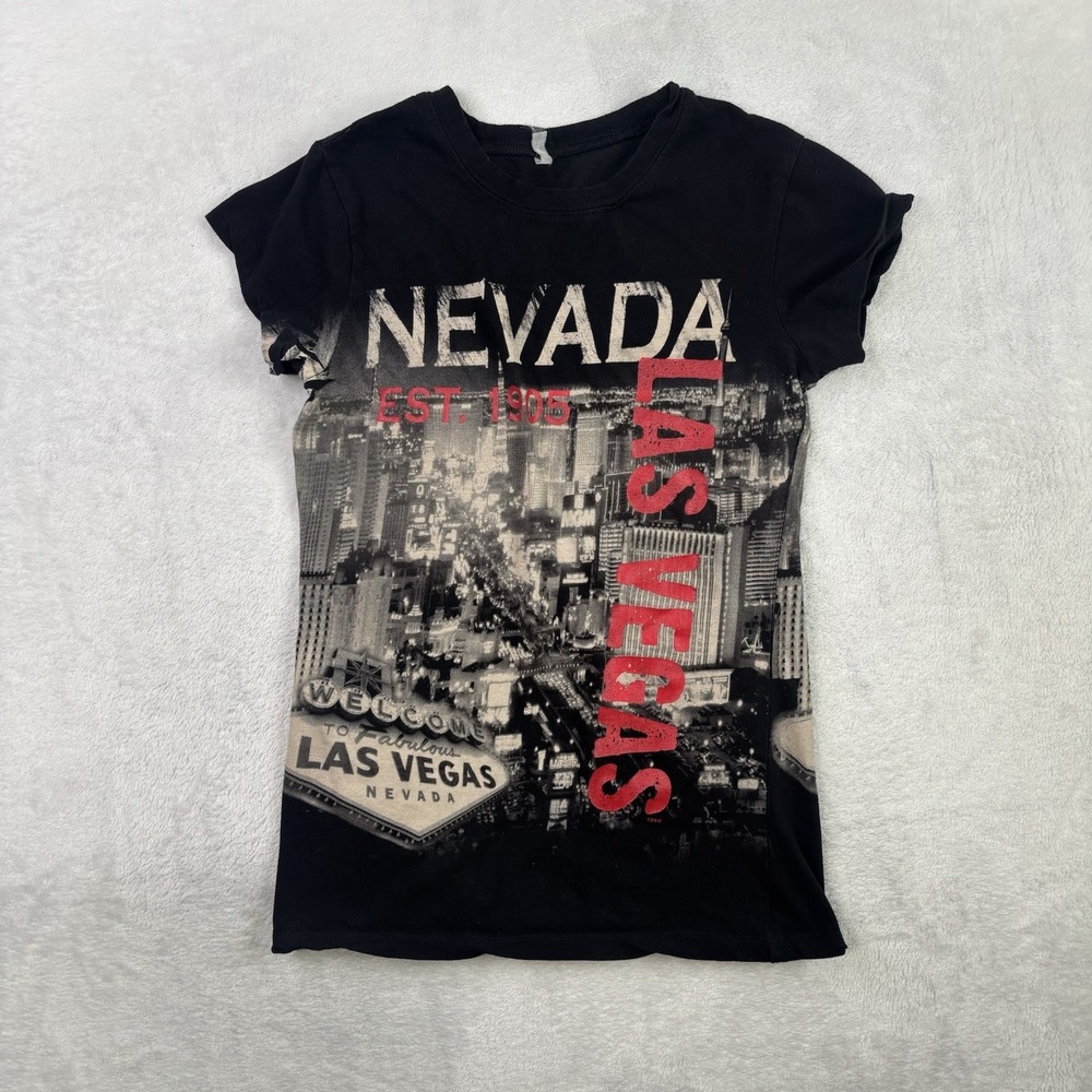 Y2K Nevada Las Vegas Graphic Short Sleeve Baby Doll Black Shirt Women's Small